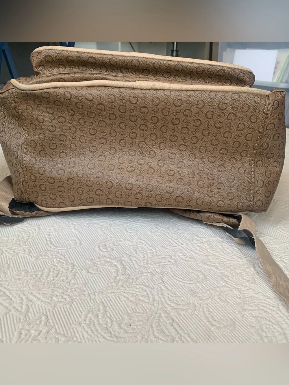Guess Mocha Brown Lottie Monogram Print Travel Diaper Bag Backpack